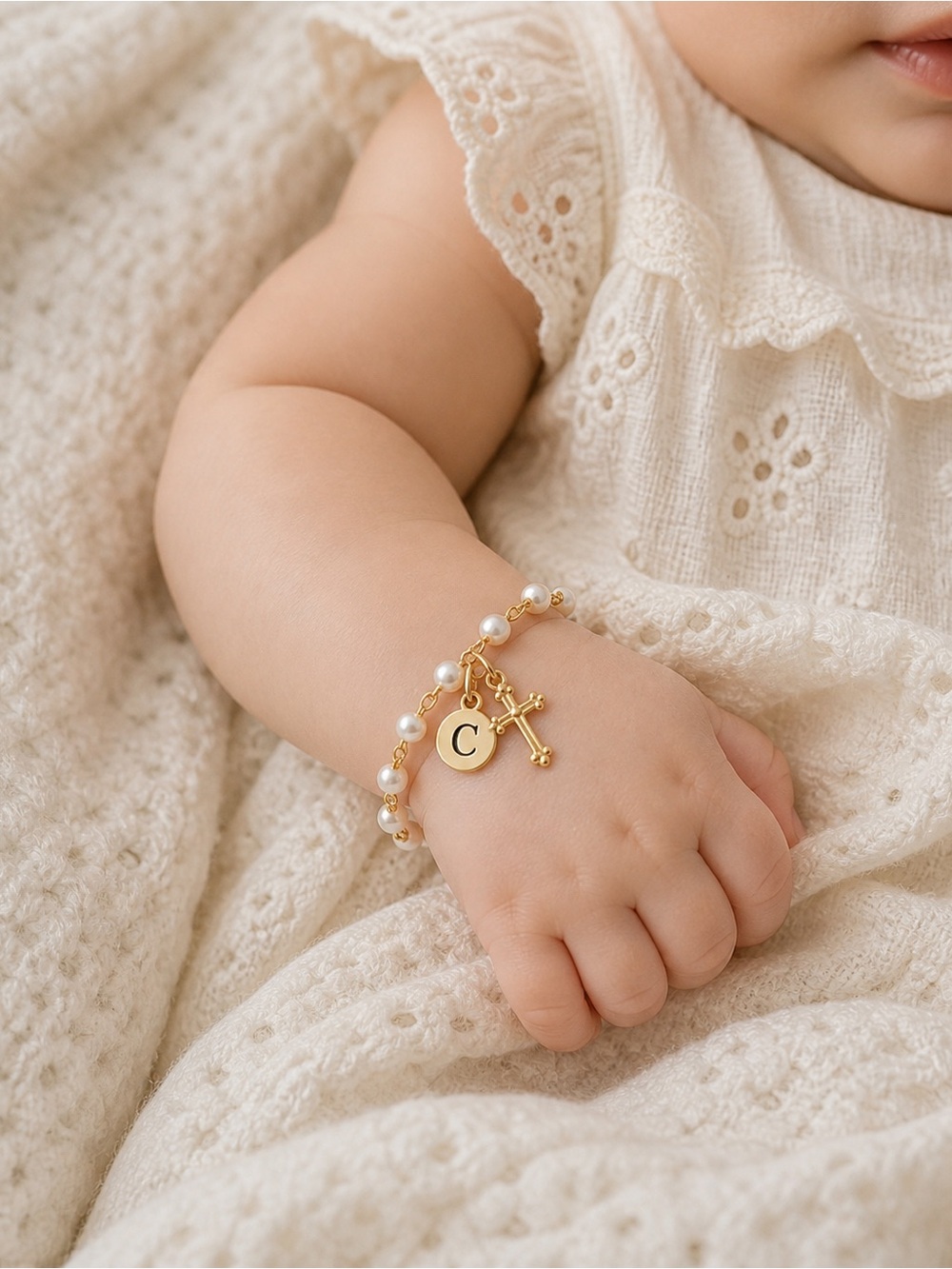 Personalized Initial Pearl Bracelet with Gold Cross Charm - Gold/White -custom